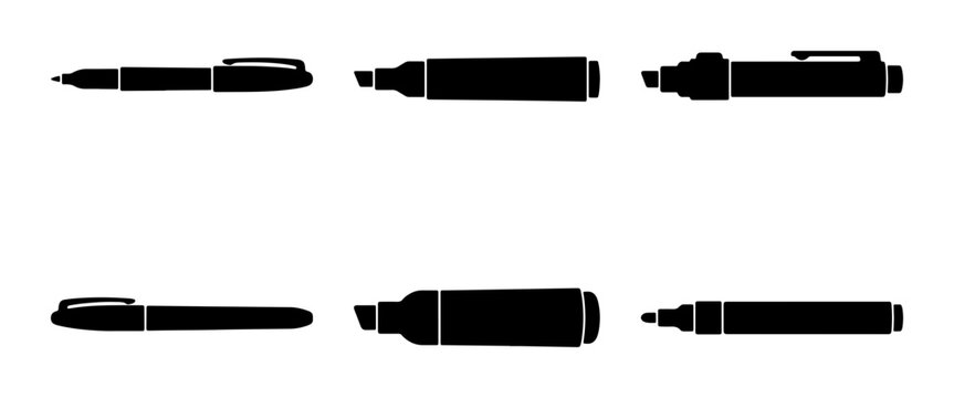 Black marker pens set, different shapes and sizes, graphic design