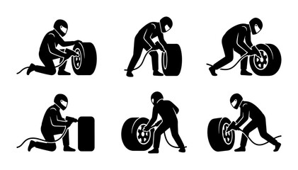 Fototapeta premium Black racing pit crew icons, tire change and service set, graphic