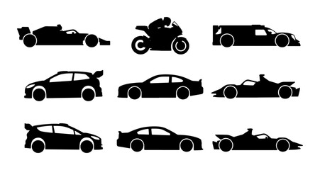 Fototapeta premium Black vehicle silhouettes collection, sports cars and motorcycle