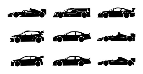 Fototapeta premium Black silhouettes of various sports cars and racing vehicles, set