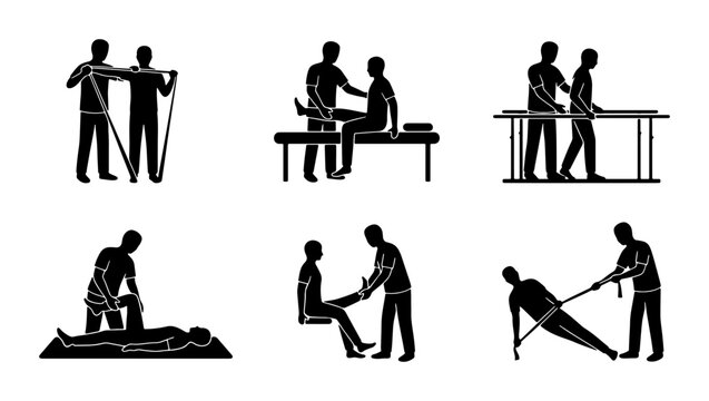 Black and white physical therapy icons, rehabilitation exercise