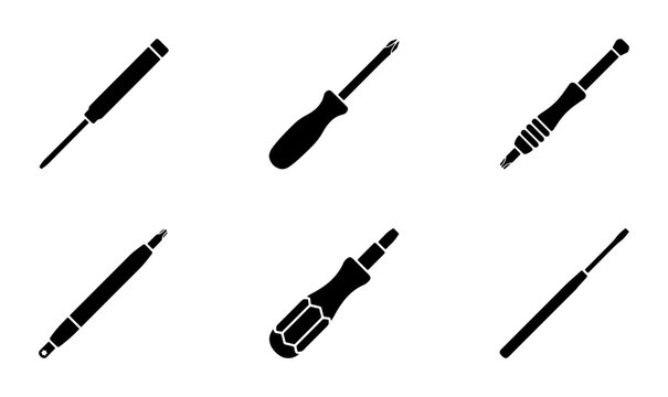 Black screwdrivers and precision tools icons, graphic design elements