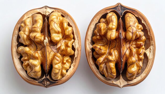 Two walnut halves showing textured shells and rich natural surfaces, food photography