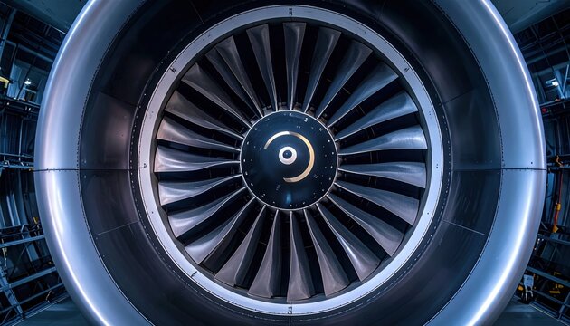 Aircraft jet engine with detailed fan blades, professional aerospace engineering photography