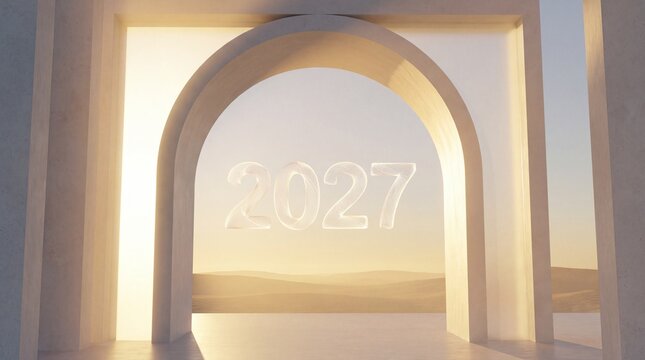 Minimalist Architectural Gateway Arch Framing Golden Sunrise 2027 Vision Concept
