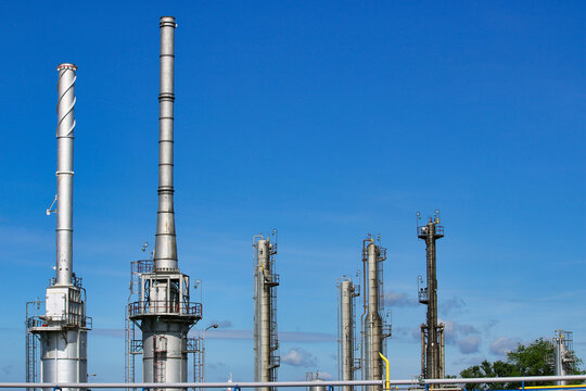 Petrochemical Plant and Oil Refinery Towers Under Blue Sky