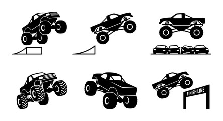 Black monster truck silhouettes jumping and racing, graphic design © Sourov