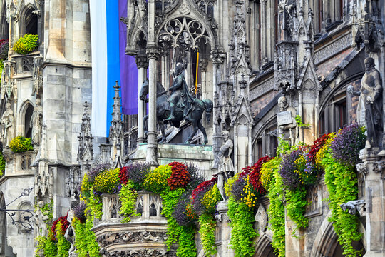 Prince Regent Luitpold Equestrian Statue and Facade of New Town Hall in Munich Germany