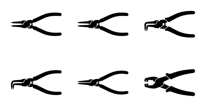 Black silhouette tool icons, set of six pliers on white background