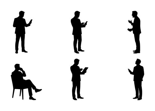Black silhouettes of men in suits using mobile devices and talking