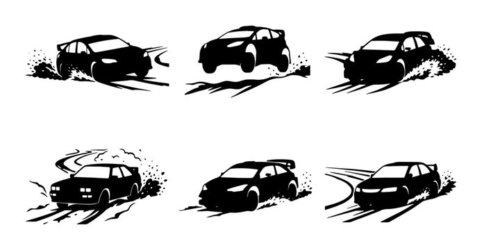 Black rally car silhouettes drifting on white background, sport racing