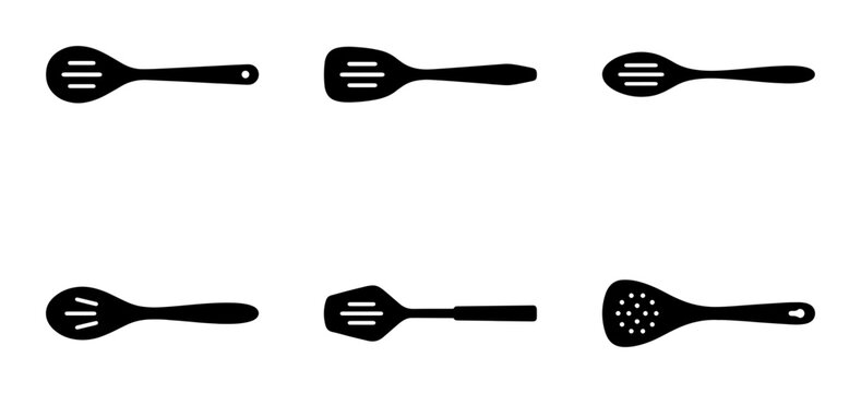 Black kitchen utensil silhouettes, cooking tools, graphic icons for