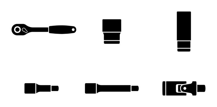 Black socket wrench and extension set, silhouette icons for mechanic