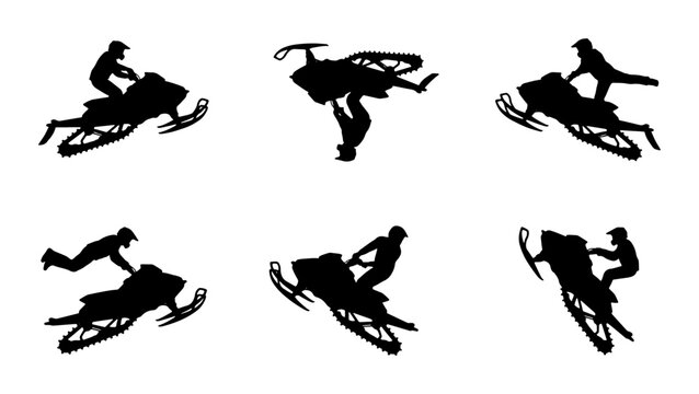 Black snowmobile action silhouettes on white background, extreme