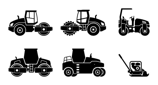Black road rollers and compactor icons, construction machinery graphic