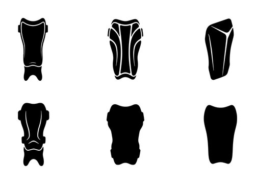 Black shin guard icons, collection of sports protection, silhouette