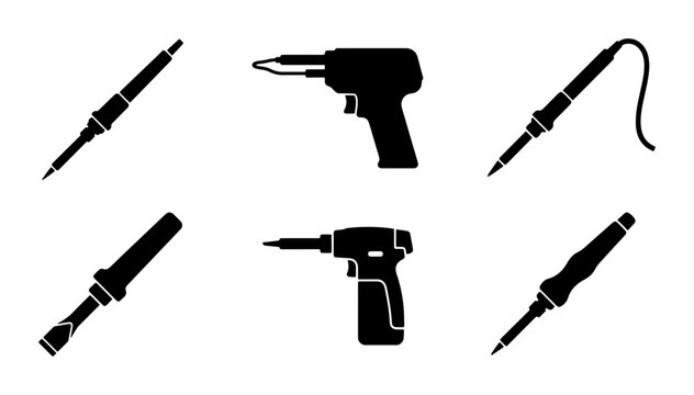 Black soldering irons and tools silhouettes, electronics repair