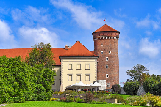 Sandomierska Tower and Royal Castle Palace at Wawel Hill in Krakow Poland