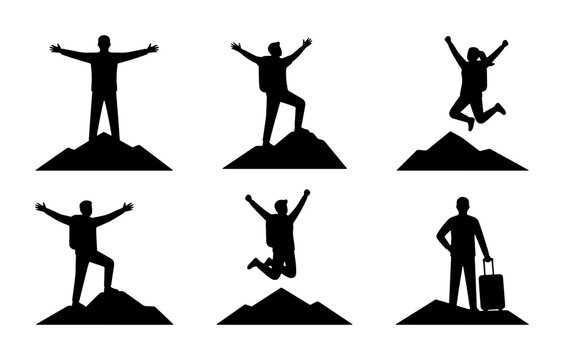 Black silhouettes of people on mountain peaks, jumping, with luggage