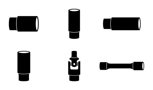 Black industrial pipe fittings and connectors, graphic icons, use as