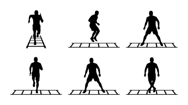 Black athlete agility ladder drills silhouettes, sports training