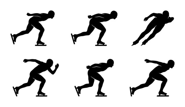 Black speed skaters silhouettes on white background, action poses