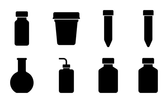 Black laboratory containers and tubes, simple silhouette style
