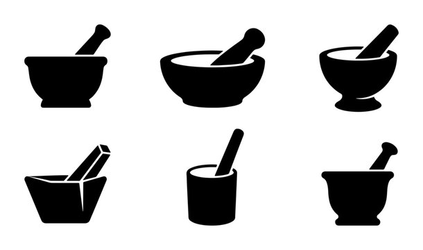 Black mortar and pestle icons, silhouette style, graphic resources for