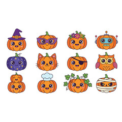 Fototapeta premium Colorful cartoon pumpkins with expressive faces and hats.