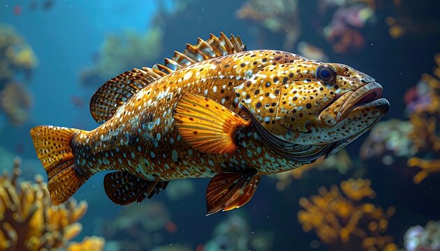 Spotted grouper fish with detailed scales and fins, realistic marine life photography