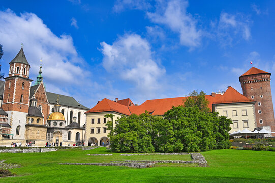 Wawel Cathedral and Sandomierska Tower Panorama at Wawel Castle in Krakow Poland