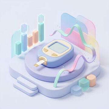 3D isometric glucose meter with abstract medical data charts