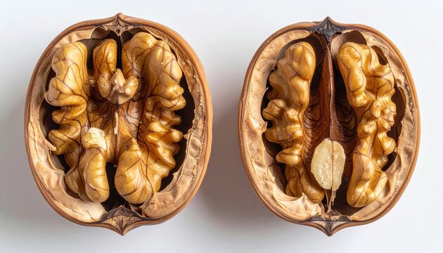 Two walnut halves showing textured shells and rich natural surfaces, food photography