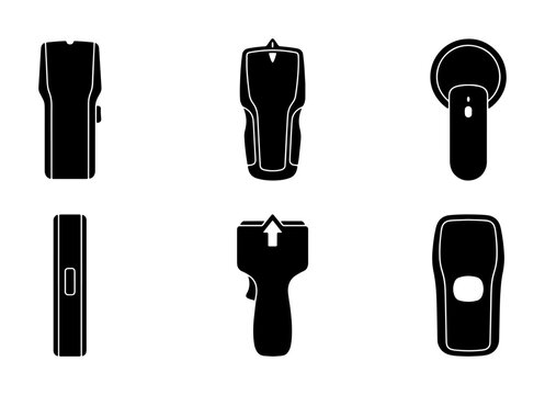 Black stud finder tool icons, construction and DIY equipment set
