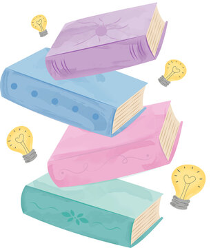 Stack of Pastel Books with Floating Lightbulbs