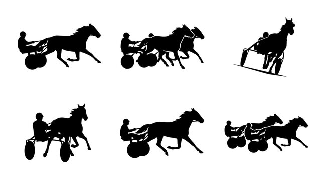 Black horse racing silhouettes, trotting harness racing action