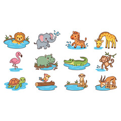Obraz premium Colorful cartoon animals swimming in a tropical underwater scene.