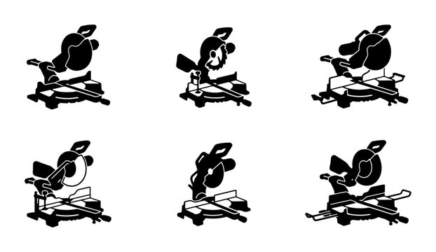 Black miter saw silhouettes, graphic icons, construction and workshop