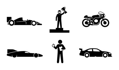 Fototapeta premium Black racing cars and motorcycle icons with winner and timekeeper