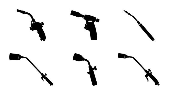 Black blow torch icons, welding and brazing tools, industrial graphic