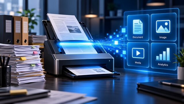 Office scanner processing paper document into glowing digital data stream transforming into categorized multimedia file format panels