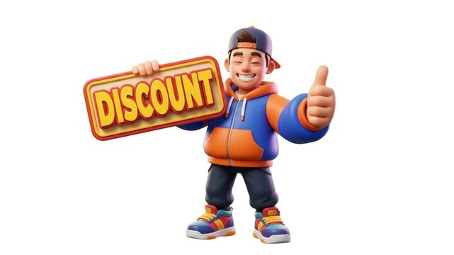 A cheerful 3D animated young man holding a wooden discount sign and showing a thumbs-up gesture on an isolated white background. Great for e-commerce website banners, sale promos, marketing flyers, sp