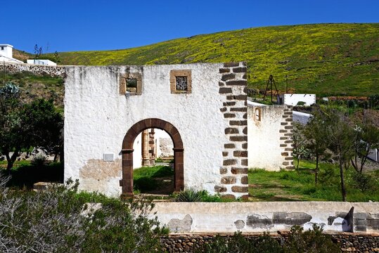 View of the San Buenaventura convent and countryside, Betancuria, Fuerteventura, Canary Islands, Spain, Europe.