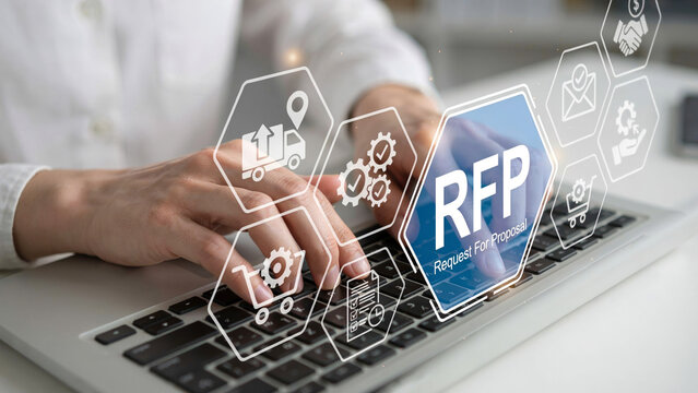 Person typing on keyboard with digital graphics and icons overlaid depicting business process.