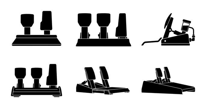 Black pedal set icons, gaming and racing simulation equipment