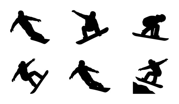 Black snowboarder silhouettes on white background, dynamic action