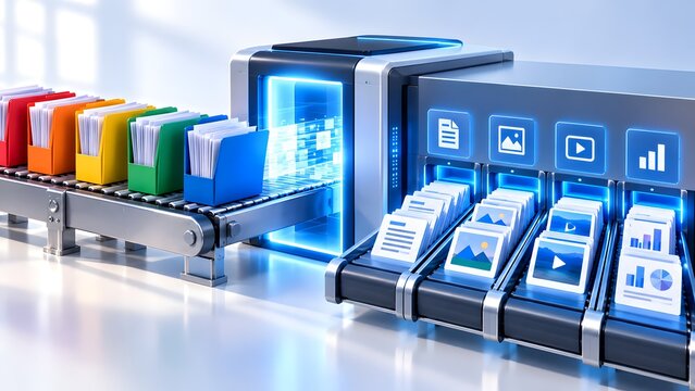 Colorful office folders on conveyor belt entering digital scanner sorting into categorized multimedia file formats on separate output tracks