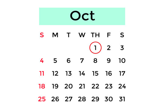 Simple pastel green calendar for October 1, 2026, on a white background.