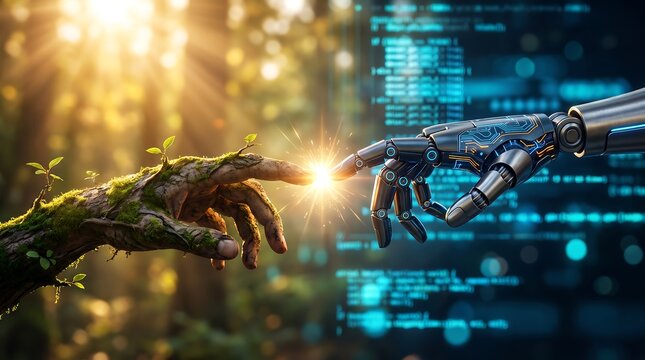 Robotic Mechanical Hand Touching Natural Wooden Vine Hand covered with Green Leaves and Glowing Light creating Harmony between Artificial Intelligence and Nature Concept.