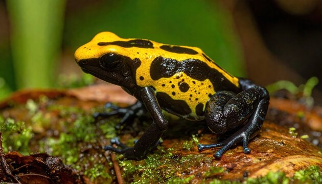 Poison dart frog with yellow back and black legs, detailed tropical rainforest amphibian